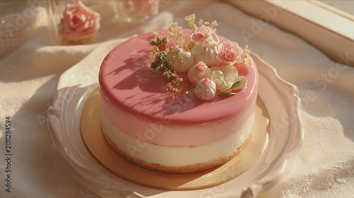Romantic Korean-style cake, pastel pink top, white rim, bright soft daylight, dreamy cozy aesthetic