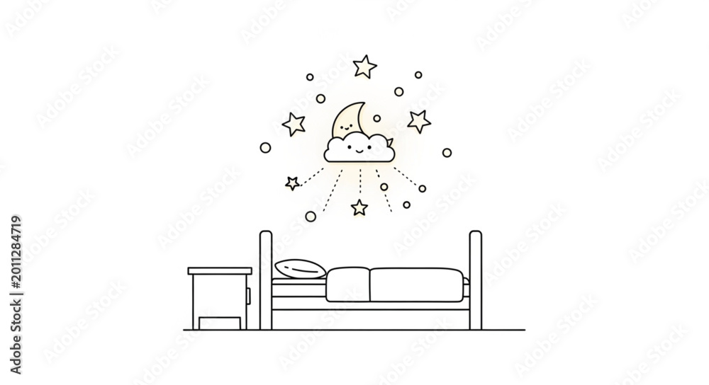Naklejka premium A magical moonlit night with a cute sleeping child in a cozy bedroom