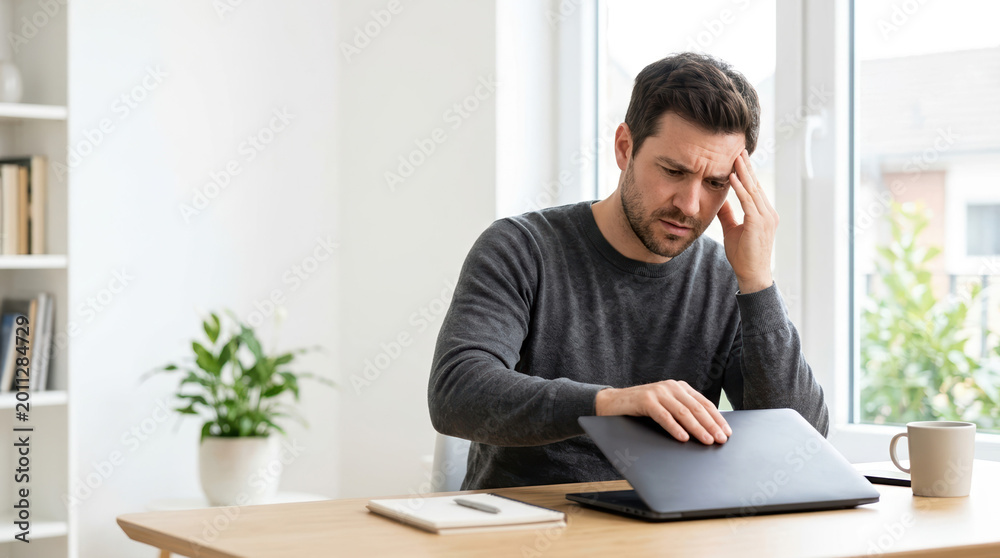 Naklejka premium Stressed man closing laptop at desk. Tired male professional with headache in home office. Burnout and mental health concept. Bright natural light with copy space