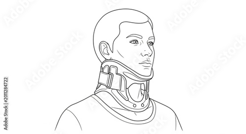 A man wearing a neck brace looks forward with a neutral expression.