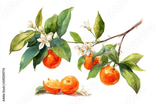 Watercolor mandarin branch with leaves and blossoms on white background â€“ botanical citrus illustration
