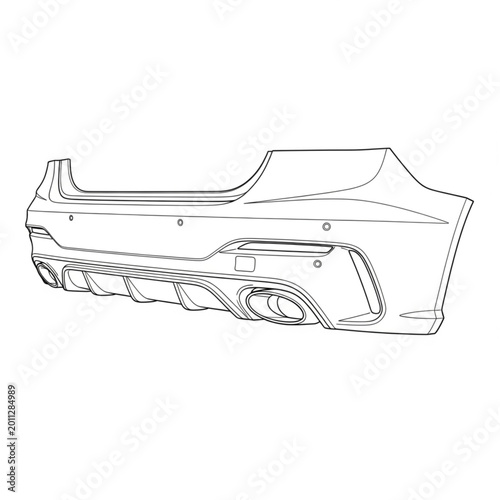 A detailed illustration of a car rear bumper showcasing its sleek design and exhaust system from a side view.