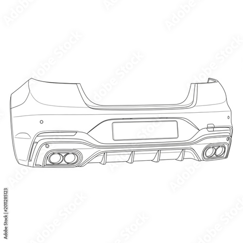 The illustration shows a detailed rear bumper of a car with exhausts.