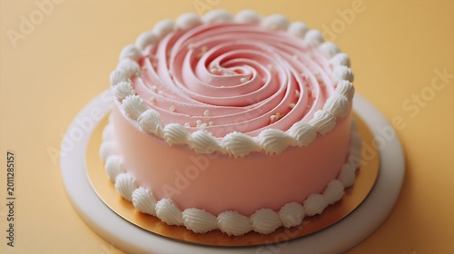 Cute Korean minimalist cake with pink swirl top, white rim, soft daylight, minimal composition