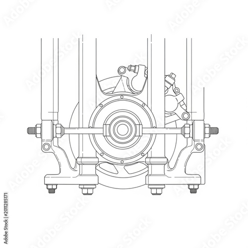 A detailed technical drawing of a mechanical device with gears and levers in an industrial setting.