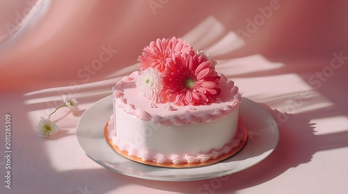 Minimalist Korean cake with pink frosting, white rim, bright soft-focus studio light, dreamy modern vibe