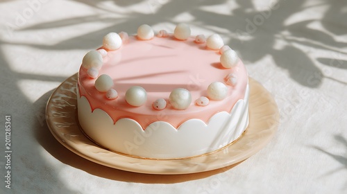 Elegant Korean-style cake, pastel pink top, white edges, soft daylight, minimal poster aesthetic