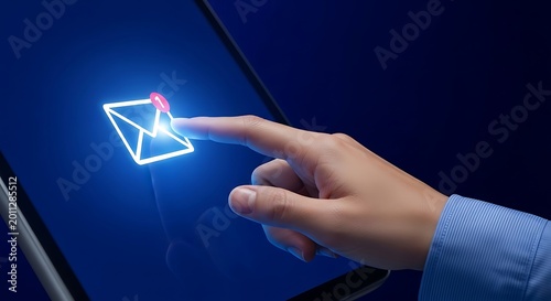 Human Finger Tapping Glowing Email Icon on Dark Digital Touchscreen