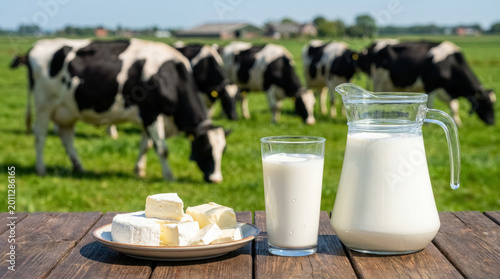 Fresh milk and dairy products on farm table with grazing cows in green pasture countryside. 