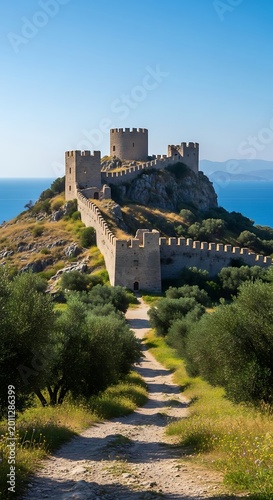 Ancient Stone Castle Overlooking Blue Sea on Sunny Coastal Hill