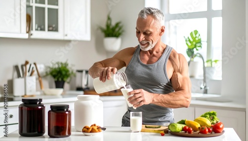 Muscular older man pours milk into a glass in a bright kitchen with supplements and fresh vegetables
