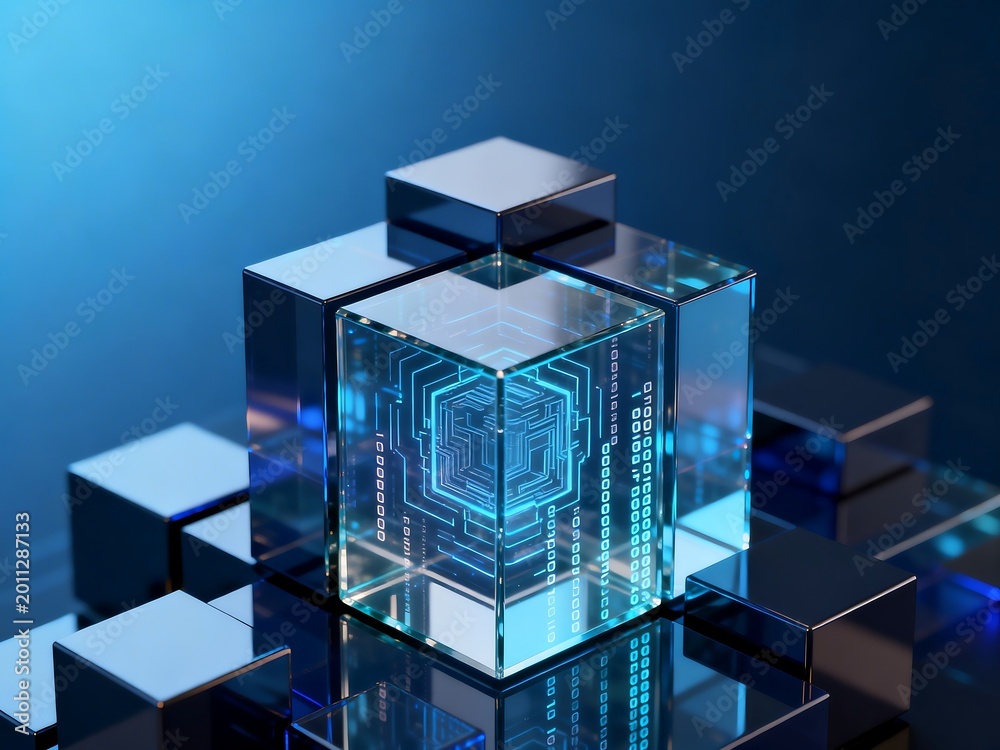 Obraz premium Futuristic Digital Glass Cube with Tech Circuit Patterns