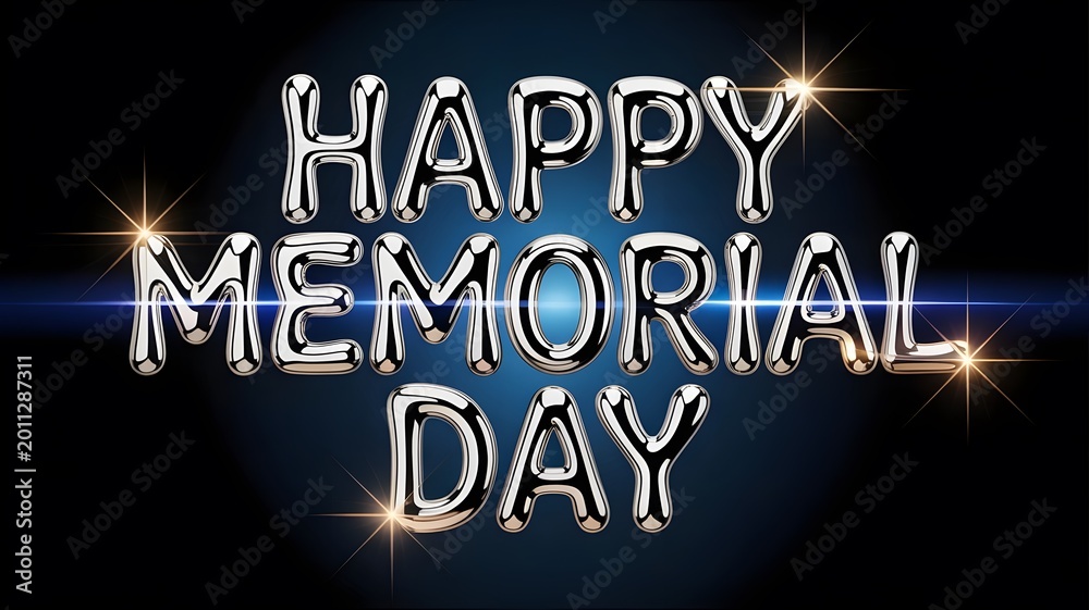 Fototapeta premium Happy memorial day shiny metallic balloon text with light flares