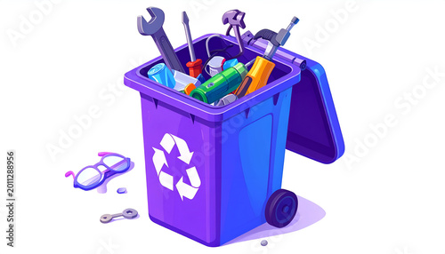 Recycling bin filled with tools and discarded items.