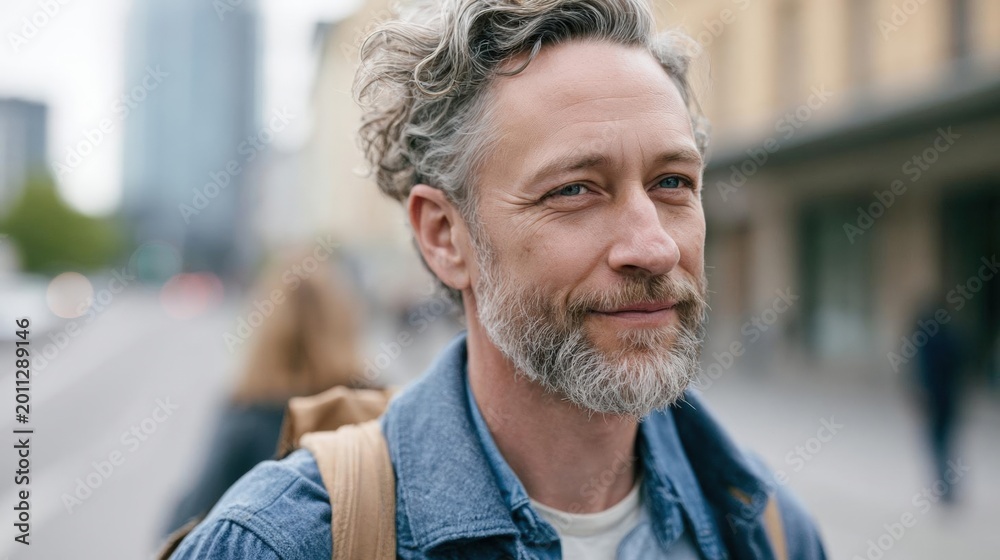 Fototapeta premium Close-up portrait of a middle-aged man with a beard and mustache. he is standing on a street with buildings and people in the background.