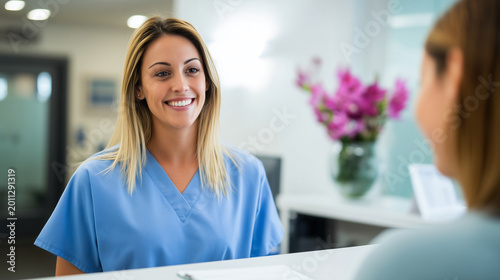 Friendly clinic assistant speaking with patient across reception counter in bright healthcare office, patient support and appointment service clinic assistant, medical receptionist