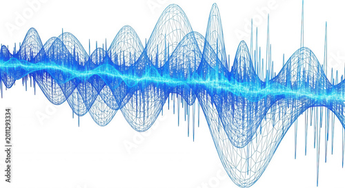 Blue glowing digital sound wave visualization with a complex wireframe mesh structure on a solid black background
