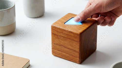 Focused hand press start icon on wooden cube with glowing button sitting on white desk next to coffee cup feeling calm intentional action to launch new technology gadget