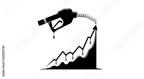 Fuel nozzle dripping oil above rising chart arrow. Concept of fuel prices, oil market growth, inflation, energy costs, and economic trends