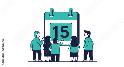 Group of diverse people looking at a large calendar with the number 15, symbolizing an important date or event.