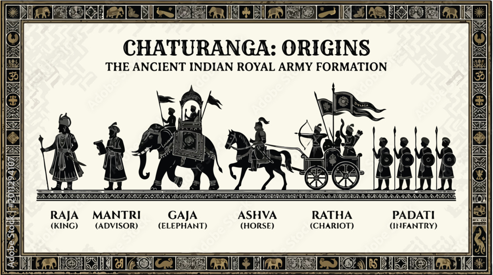 Fototapeta premium Infographic illustration of ancient Indian royal army formation Chaturanga with labeled military units and vehicles on a beige background with ornate border.