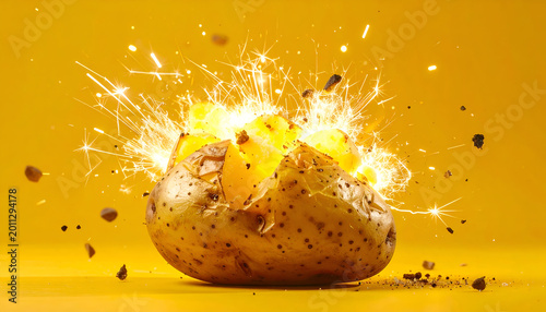 Exploding Baked Potato with Sparks and Debris on Yellow Background.
