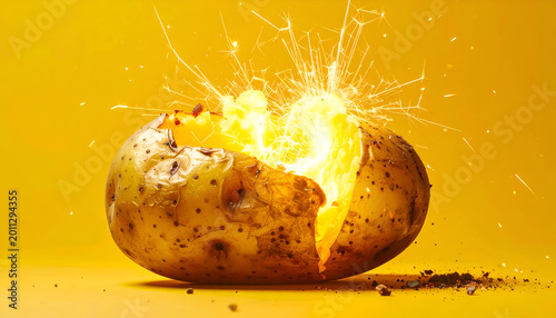 Exploding Baked Potato with Sparks and Flames on Yellow Background.