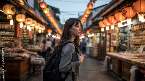 Woman walks through a vibrant market with stalls and lanterns