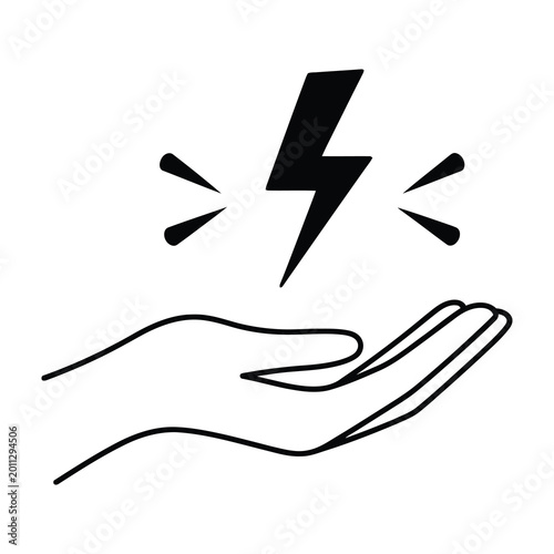 Hand with lightning bolt symbol above palm, electric shock concept