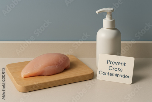 Salmonella prevention concept Scandinavian minimal kitchen setup cutting board chicken breast hand soap bottle memo card text Prevent Cross Contamination careful cautious mood