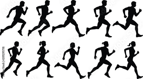 Schilderij op canvas Silhouettes of diverse people running in a row black  diversity race