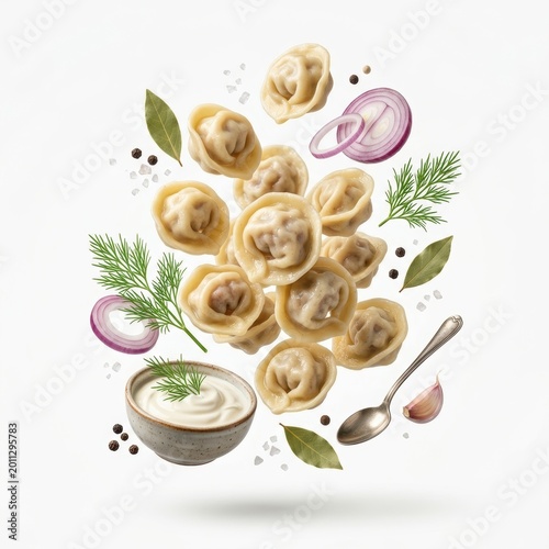 Delicious pelmeni with sour cream and dill, floating on white