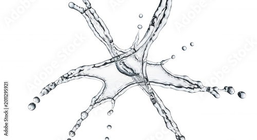 Clear water splash forming a star shape with liquid droplets radiating outward against a solid black background, speed