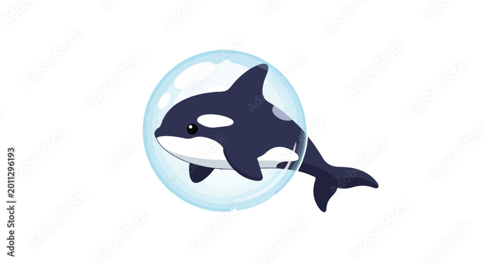 Fototapeta premium Illustration of an orca swimming inside a transparent blue sphere with a white background.