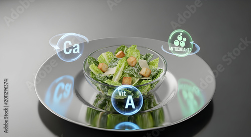 Nutritional information for a healthy green salad displayed as glowing icons for vitamins and minerals like calcium and vitamin a presented on a reflective surface
