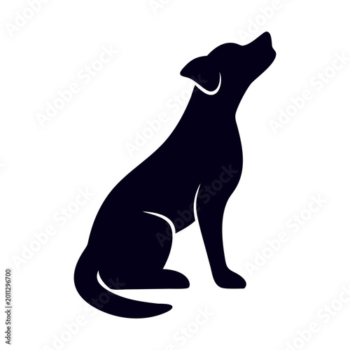 Minimalist dog silhouette vector, black puppy sitting and looking up, pet animal profile icon for veterinary logo