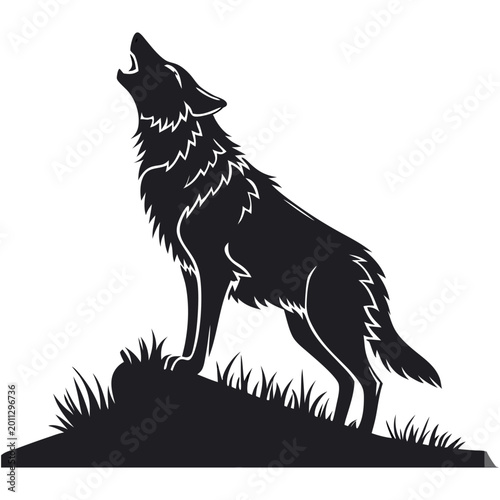 Howling wolf silhouette vector, black wild animal profile on grass hill, majestic predator canine mascot for logo design