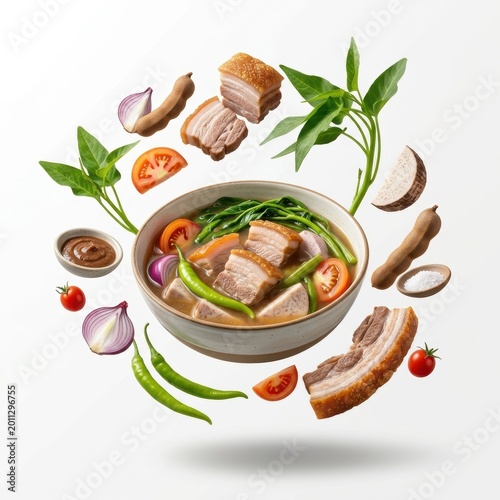 Sinigang soup with ingredients falling into bowl on white background