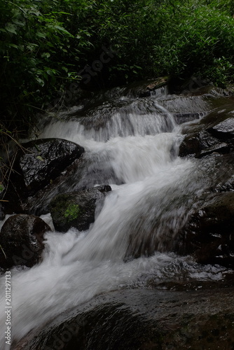 beautiful waterfall with trees and coral. water flows over dark, rugged stones, rocks creating staircase effect. The scene is serene natural landscape.