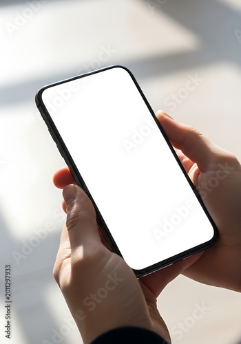 Closeup of a person holding a modern smartphone with a blank white screen in their hands