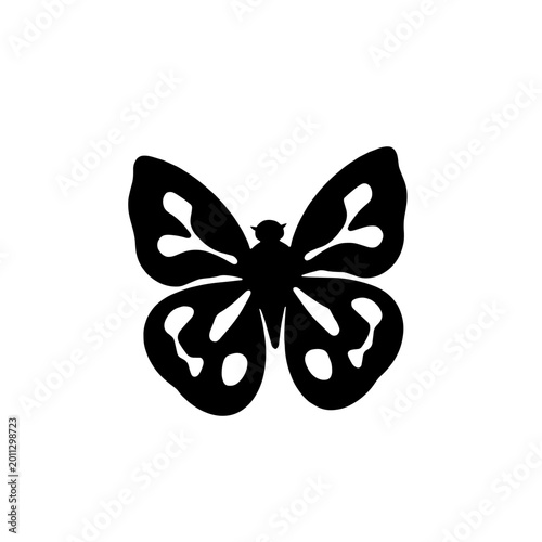 Simple and elegant black butterfly silhouette isolated on white background, flat design.