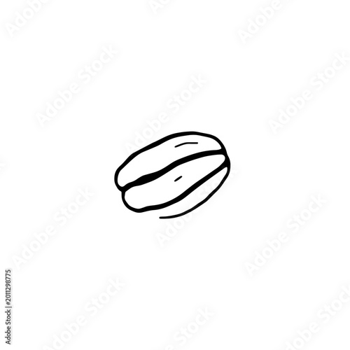 Simple black and white hand drawn illustration of a single coffee bean on white background