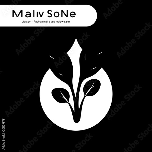 Simple black and white graphic design of a plant logo with leaves and a rounded shape