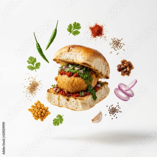 Indian vada pav with spices and flying ingredients