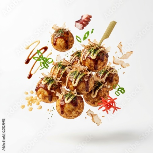 Takoyaki octopus balls with delicious toppings flying