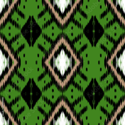 Green and Black Geometric Ikat Seamless Pattern for Textile Design