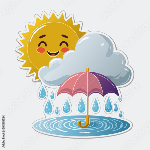 Cartoon Sun and Rain Cloud with Umbrella