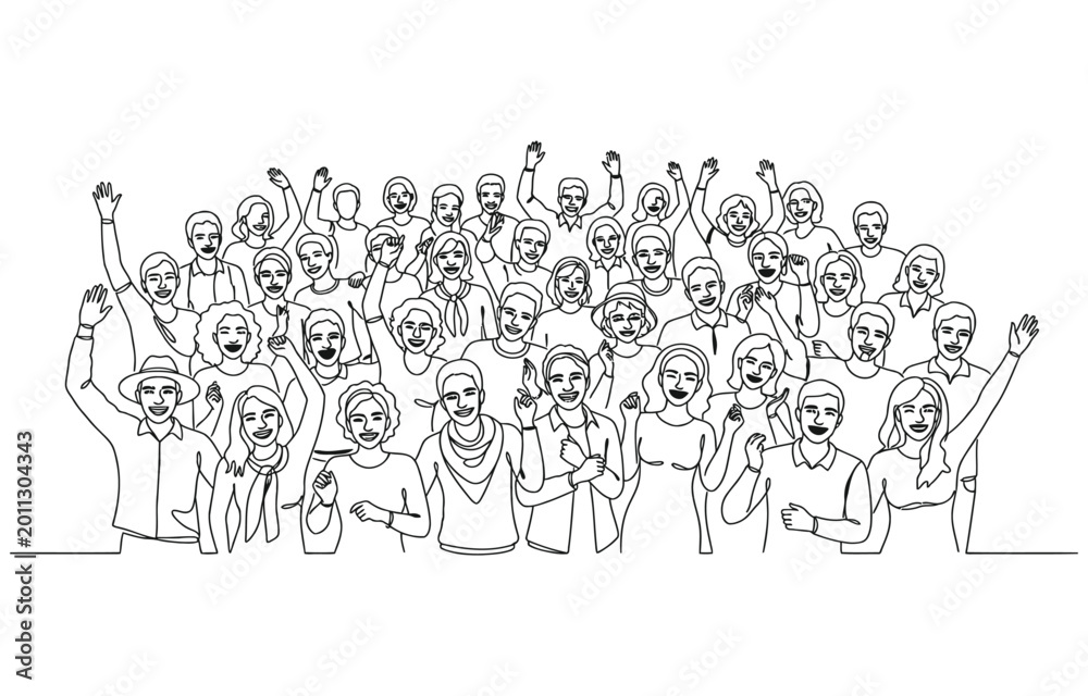Fototapeta premium Cheerful crowd cheering continuous one line drawing, Hands up, Group of applause people.
