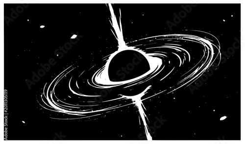 Photos Deep space black hole with accretion disk and relativistic jet hand drawn sketch
