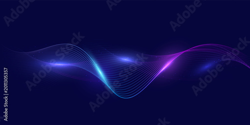 Abstract glowing wave lines in blue and purple gradient on dark background, futuristic digital flow, dynamic light curves, vector illustration for technology and data concepts.